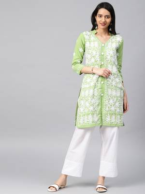 Parrot-green hand woven cotton chikankari-kurtis 1