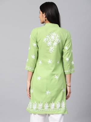 Parrot-green hand woven cotton chikankari-kurtis 2