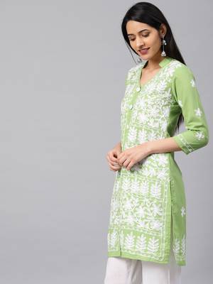 Parrot-green hand woven cotton chikankari-kurtis 3