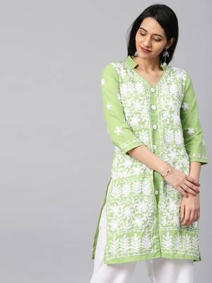 Parrot-green hand woven cotton chikankari-kurtis 4