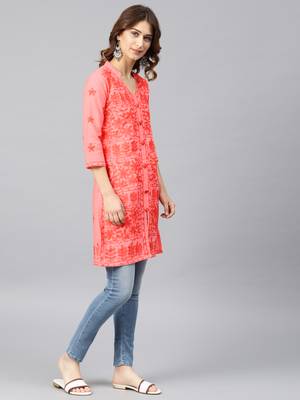 Peach hand woven cotton chikankari-kurtis 1