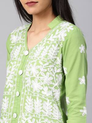 Parrot-green hand woven cotton chikankari-kurtis 5