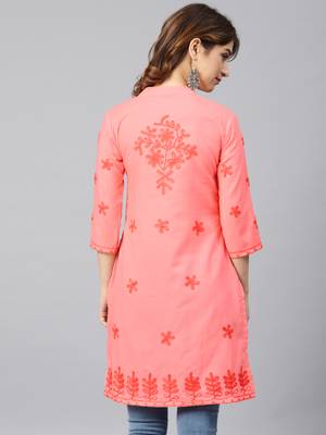 Peach hand woven cotton chikankari-kurtis 2