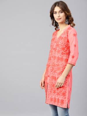 Peach hand woven cotton chikankari-kurtis 3