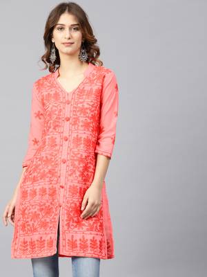 Peach hand woven cotton chikankari-kurtis 4