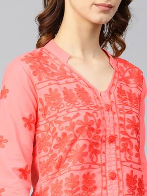 Peach hand woven cotton chikankari-kurtis 5