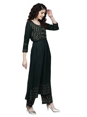 Women's Rayon Green Printed Anarkali Kurta Palazzo Set 1