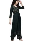 Women's Rayon Green Printed Anarkali Kurta Palazzo Set