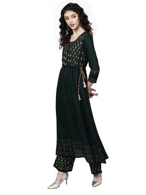 Women's Rayon Green Printed Anarkali Kurta Palazzo Set 5