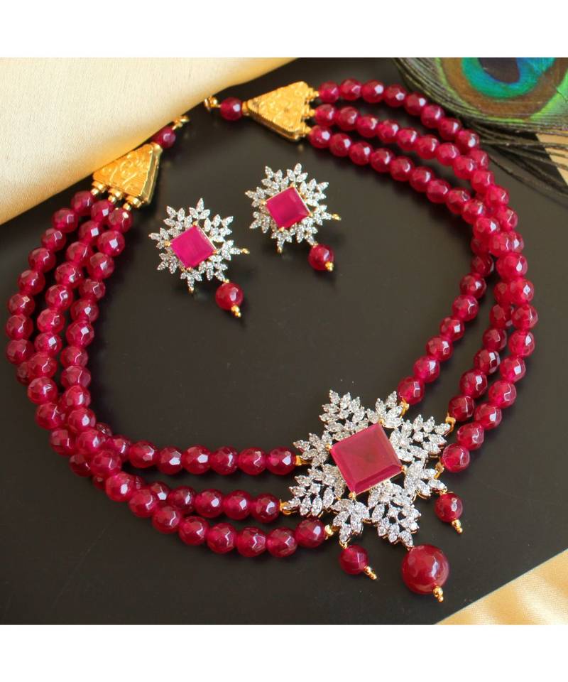 Beautiful Cz White Ruby Agates Multi Layer Designer Choker Necklace Set