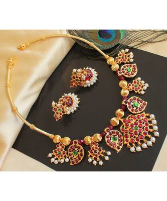 Beautiful Kemp Green Mango Designer Temple Necklace Set 1