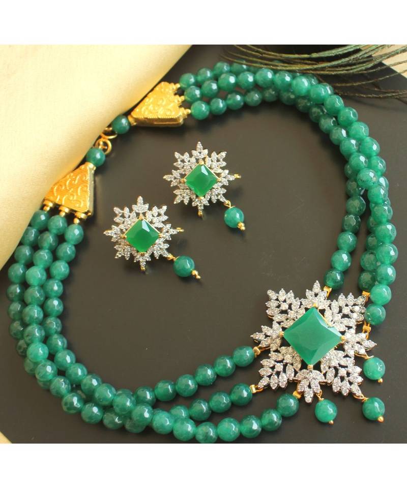 Beautiful Cz White Emerald Agates Multi Layer Designer Choker Necklace Set