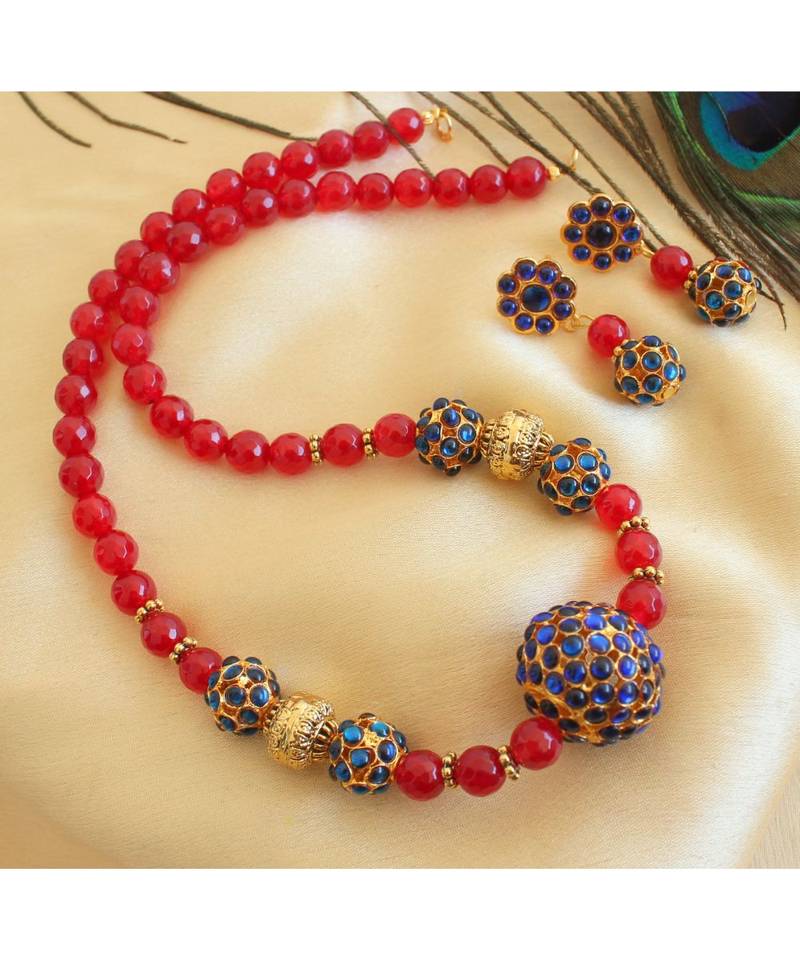 Beautiful Ruby Agates Blue Rudhra Balls Designer Necklace Set