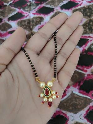 Meenakari Work Red Stone Traditional Black Bead Single Line Layer Short Mangalsutra 2