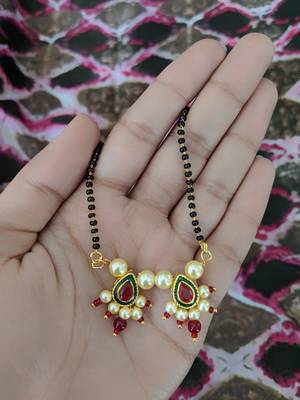 Pearl Banu Pendant Meenakari Work Red Stone Traditional Black Bead Single Line Layer Short Mangalsutra 2