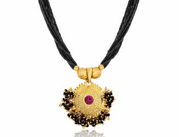 Gold Plated Pink Stone Pendant With Black Moti Beads 8 Line Layer Adjustable Kolhapuri Necklace Form Girls 1
