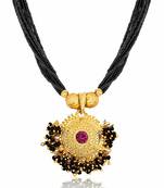 Gold Plated Pink Stone Pendant With Black Moti Beads 8 Line Layer Adjustable Kolhapuri Necklace Form Girls