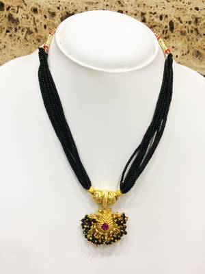 Gold Plated Pink Stone Pendant With Black Moti Beads 8 Line Layer Adjustable Kolhapuri Necklace Form Girls 2