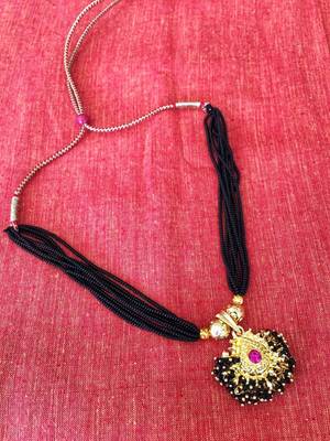 Gold Plated Pink Stone Pendant With Black Moti Beads 8 Line Layer Adjustable Kolhapuri Necklace Form Girls 3
