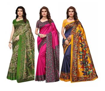 Multicolor printed art silk saree with blouse pack of-3 saree 1