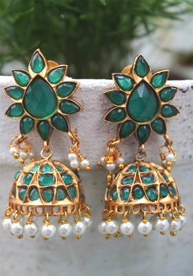 Gold Plated Temple Work Green Crystal Shell Pearls Earring 1