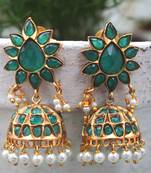 Gold Plated Temple Work Green Crystal Shell Pearls Earring