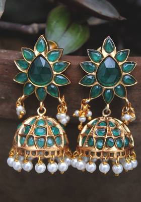 Gold Plated Temple Work Green Crystal Shell Pearls Earring 2