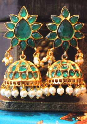 Gold Plated Temple Work Green Crystal Shell Pearls Earring 3