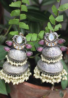 Silver Plated Oxidized Shell Pearls Long Jhumka 1