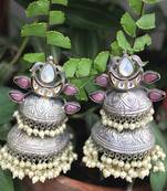 Silver Plated Oxidized Shell Pearls Long Jhumka