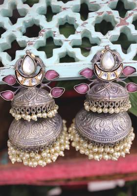 Silver Plated Oxidized Shell Pearls Long Jhumka 2