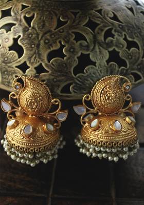 Gold Plated Temple Work White Shell Pearls Jhumka 1