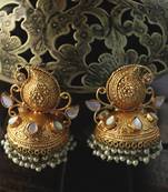 Gold Plated Temple Work White Shell Pearls Jhumka