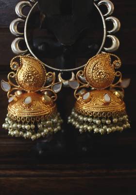 Gold Plated Temple Work White Shell Pearls Jhumka 2