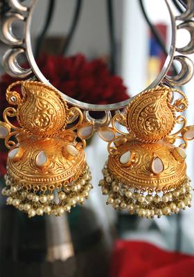 Gold Plated Temple Work White Shell Pearls Jhumka 3