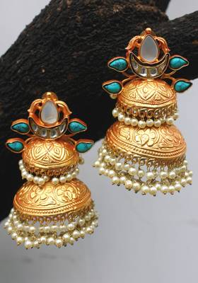 Gold Plated Temple Work Turquoise And Shell Pearls Long Jhumka 1