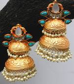 Gold Plated Temple Work Turquoise And Shell Pearls Long Jhumka