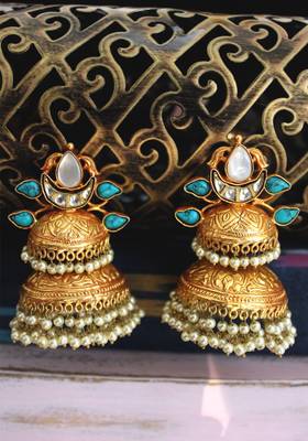 Gold Plated Temple Work Turquoise And Shell Pearls Long Jhumka 2