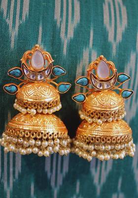 Gold Plated Temple Work Turquoise And Shell Pearls Long Jhumka 3