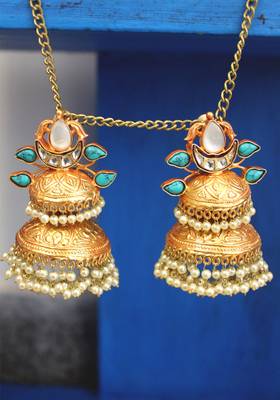 Gold Plated Temple Work Turquoise And Shell Pearls Long Jhumka 4