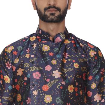 Blue Printed Brocade Silk Kurta Pajama 5