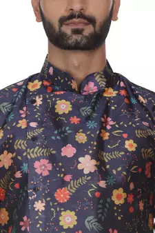Blue Printed Brocade Silk Kurta Pajama