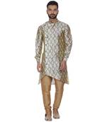 Beige Printed Brocade Silk Kurta Pajama