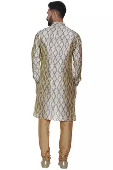Beige Printed Brocade Silk Kurta Pajama