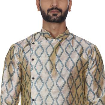 Beige Printed Brocade Silk Kurta Pajama 5