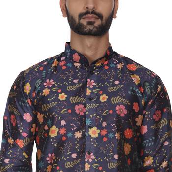 Blue Printed Brocade Silk Kurta Pajama 5