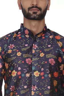Blue Printed Brocade Silk Kurta Pajama