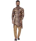 Brown Printed Brocade Silk Kurta Pajama