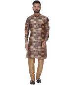 Brown Printed Brocade Silk Kurta Pajama