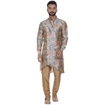 Beige Printed Brocade Silk Kurta Pajama 1